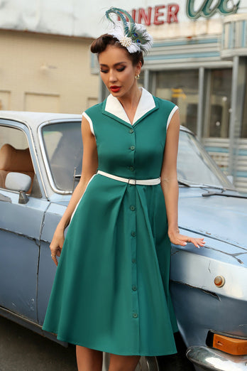 Grøn revers hals 1950'erne swing kjole med bælte