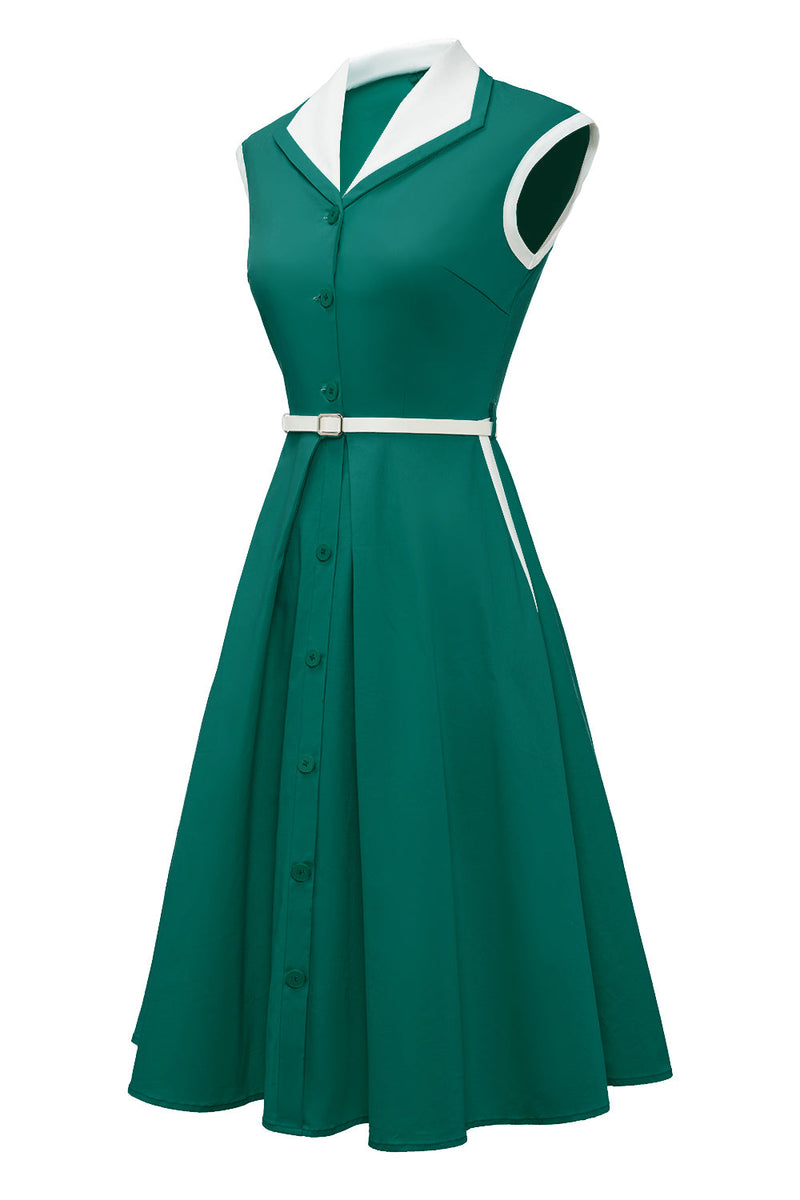 Indlæs billede til gallerivisning Revers hals Grøn Swing 1950&#39;er Kjole med Bælte