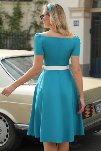 Påfugl blå korte ærmer 1950'erne kjole (Bæltet er ikke inkluderet)