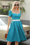 Påfugl blå korte ærmer 1950'erne kjole (Bæltet er ikke inkluderet)