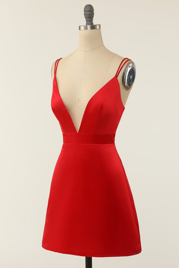 Rød Satin V-hals cocktail kjole