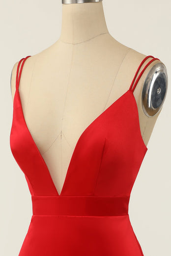 Rød Satin V-hals cocktail kjole