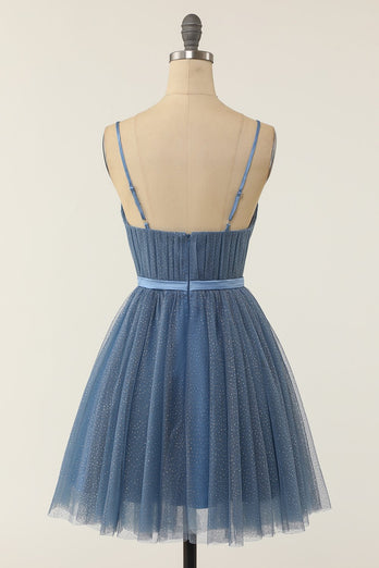 En line spaghetti stropper blå grå kort hjemkomst kjole
