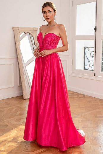 Fuchsia stropløs Prom kjole med slids