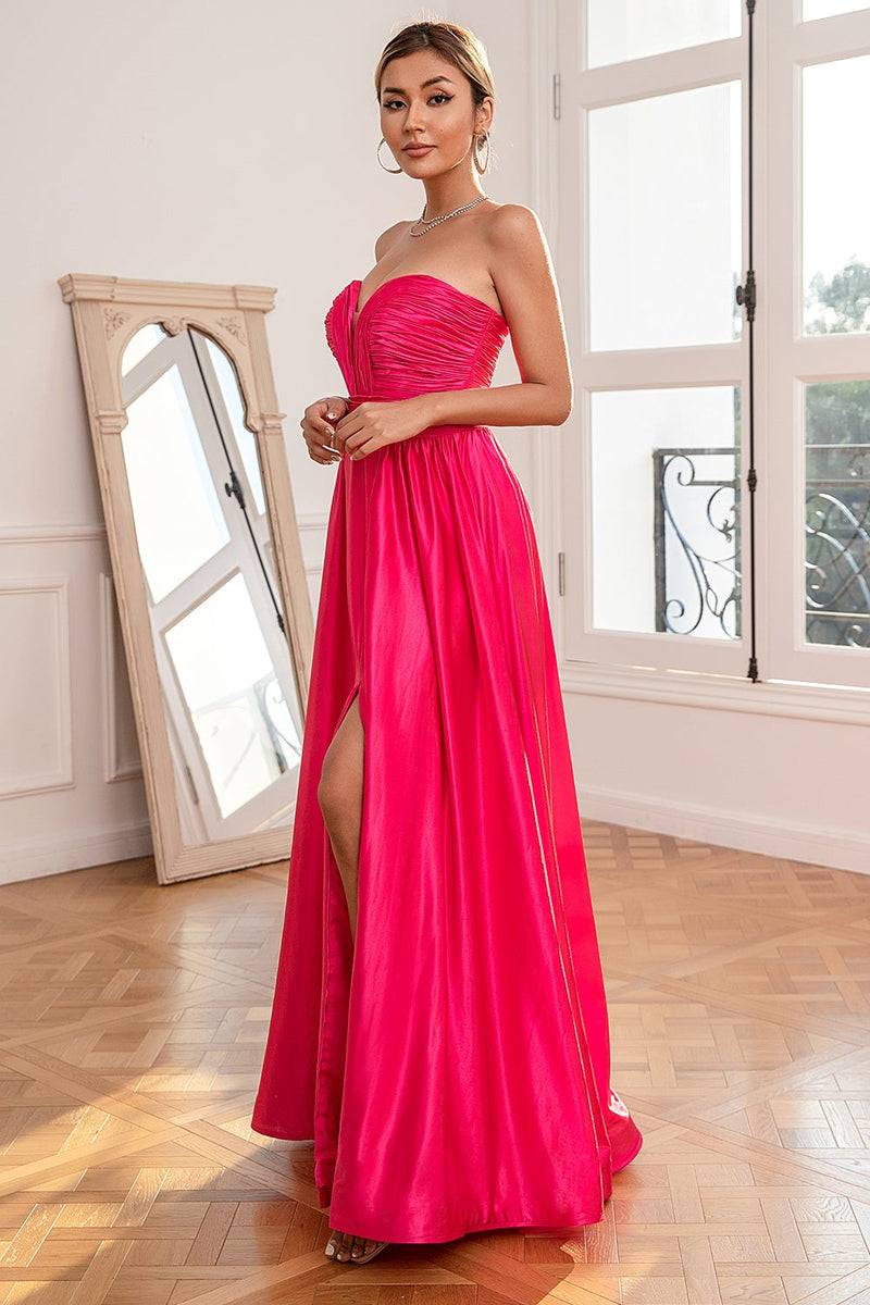 Indlæs billede til gallerivisning Fuchsia stropløs Prom kjole med slids