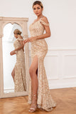 Kappe fra skulderen Champagne Pailletter Party Dress med Split Front