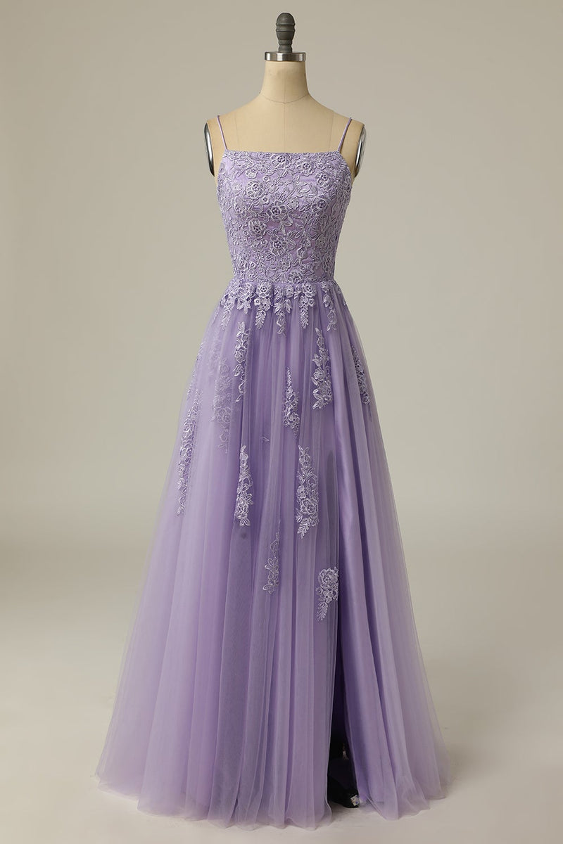 Indlæs billede til gallerivisning En line stropløs lys lilla lang Prom kjole med applikationer