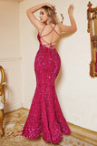 Hot Pink Paillethavfrue Plus Size Prom kjole med Lac-up Back