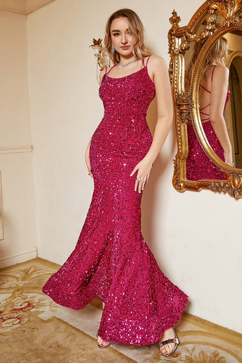 Hot Pink Paillethavfrue Plus Size Prom kjole med Lac-up Back