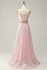 Indlæs billede til gallerivisning A Line Spaghetti Straps Pink Long Prom Dress med perler