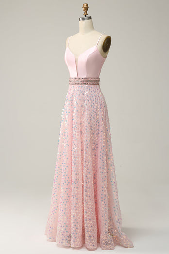 A Line Spaghetti Straps Pink Long Prom Dress med perler