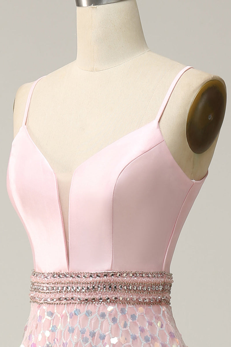 Indlæs billede til gallerivisning A Line Spaghetti Straps Pink Long Prom Dress med perler