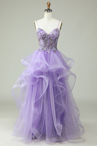 A Line Spaghetti Straps Purple Long Prom Dress med applikationer