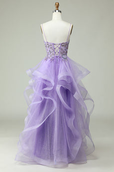 A Line Spaghetti Straps Purple Long Prom Dress med applikationer