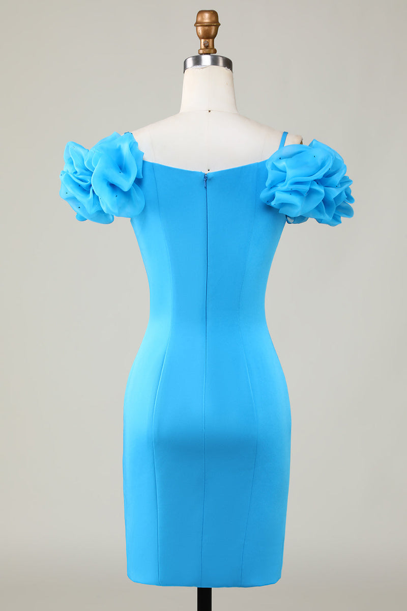 Indlæs billede til gallerivisning Bodycon Off the Shoulder Blue Short Homecoming Dress med flæser
