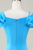 Indlæs billede til gallerivisning Bodycon Off the Shoulder Blue Short Homecoming Dress med flæser
