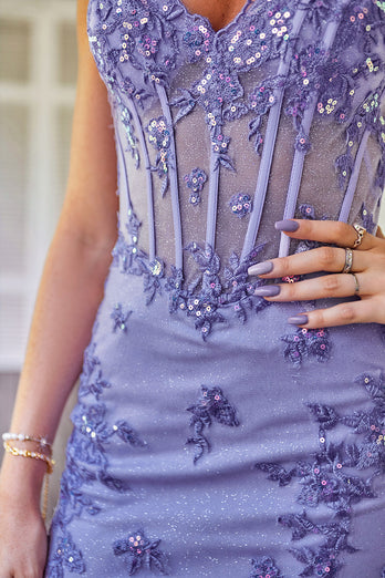 Sparkly lilla korset Homecoming kjole med applikationer