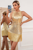 Pailletter Frynser Golden Cocktail Dress