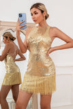 Pailletter Frynser Golden Cocktail Dress