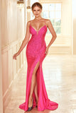 Havfrue Spaghetti stropper Fuchsia Party Dress med Beading