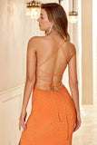 Kappe Halter Orange Lang Fest kjole med Split Front