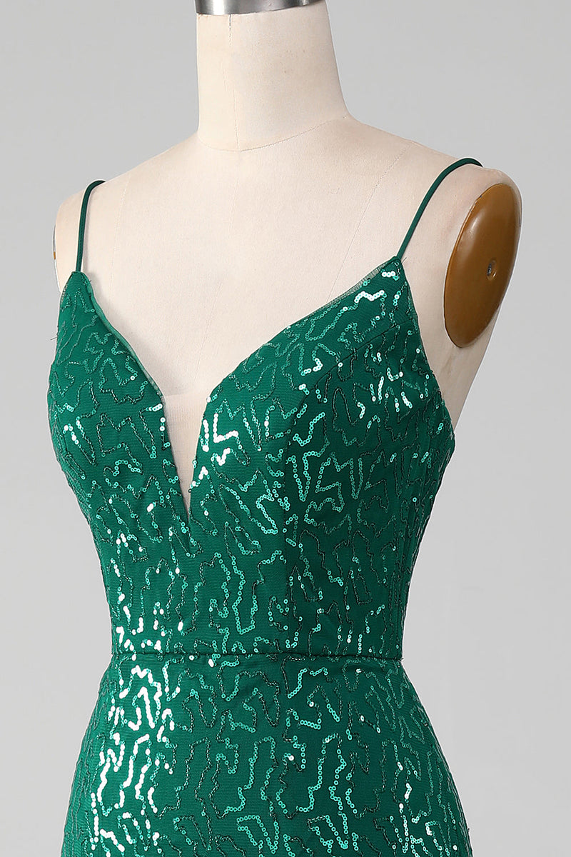 Indlæs billede til gallerivisning Glitrende mørkegrøn perlepailletter lang gallakjole med slids
