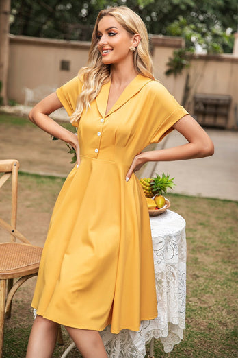 Elegant gul v hals vintage kjole