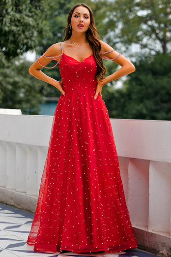 Rød beaded lang prom kjole