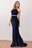 Navy Havfrue Fløjl Lang Prom Dress