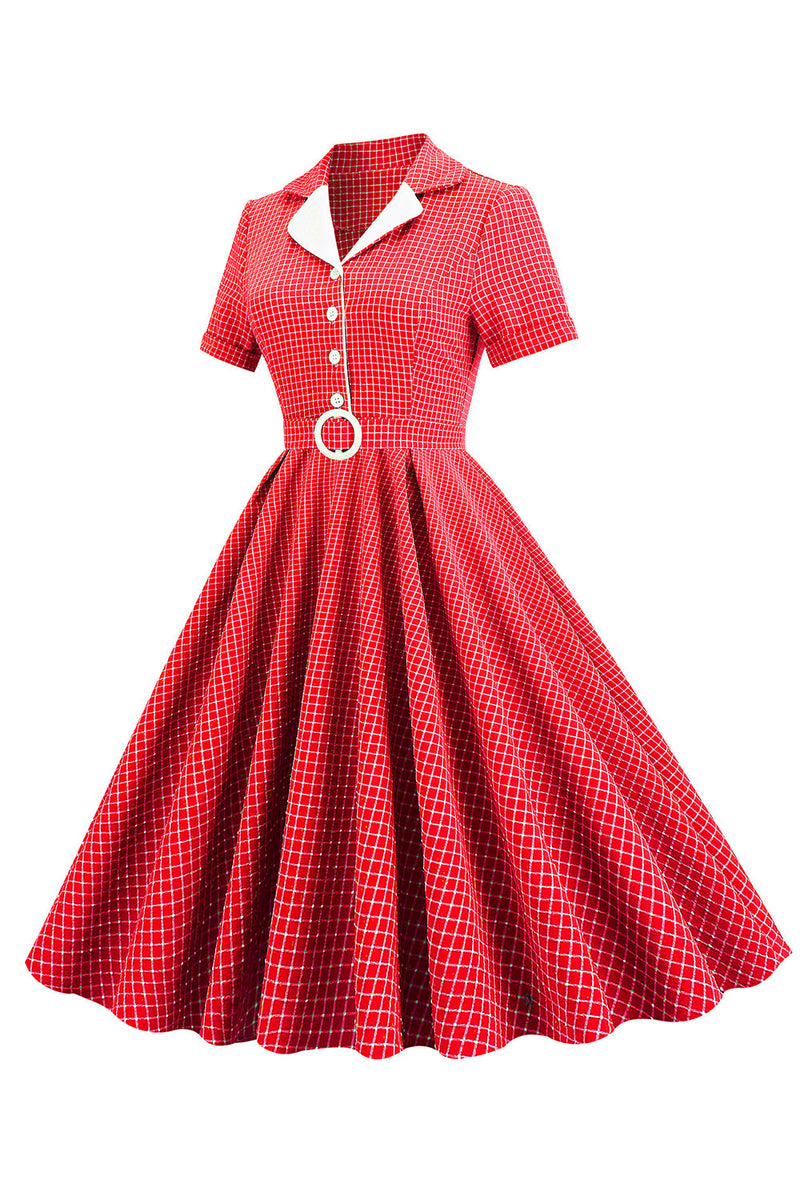 Indlæs billede til gallerivisning Retro stil Rød Plaid 1950&#39;erne Kjole