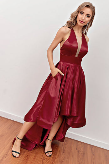 Bourgogne høj lav prom kjole med lommer