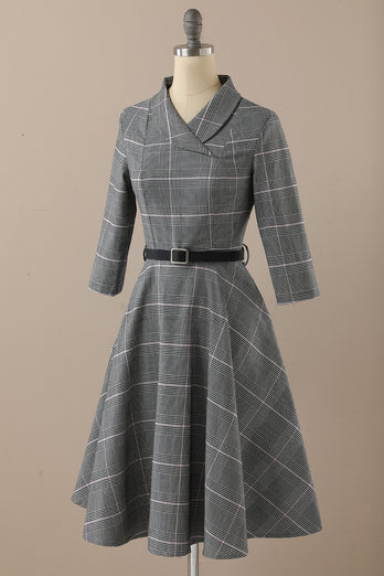 Retro Style Mørkegrå Vintage Kjole med lange ærmer