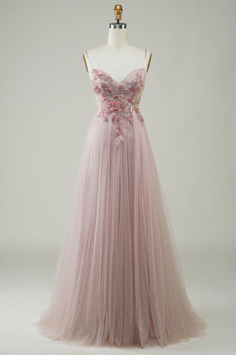 Blush Corset A-Line Long Prom Dress med blomster