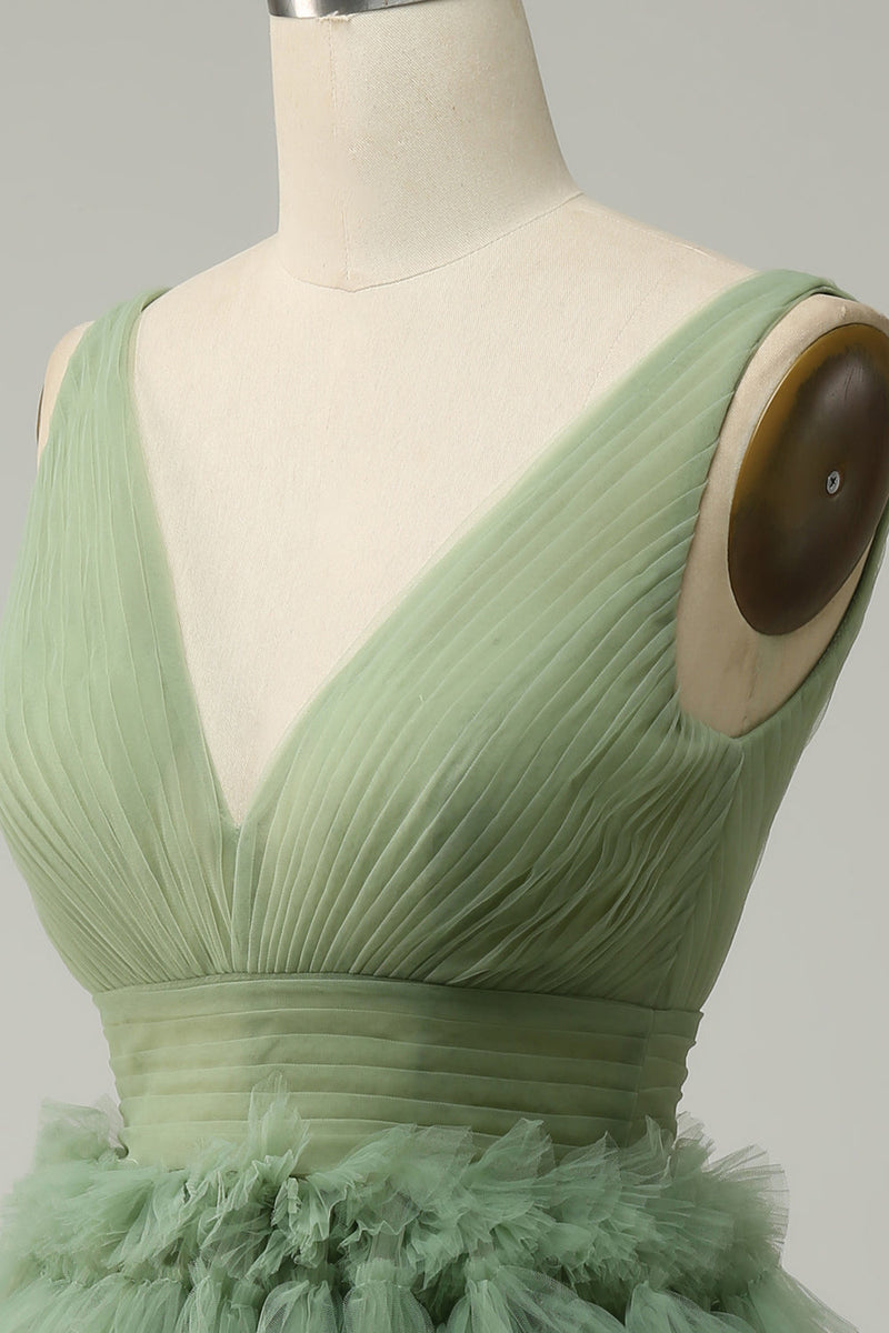 Indlæs billede til gallerivisning Grøn tyl V-hals kort gallakjole med åben ryg