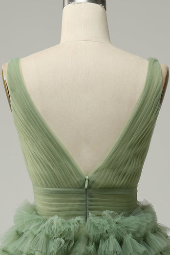 Grøn tyl V-hals kort gallakjole med åben ryg