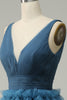 Indlæs billede til gallerivisning En linje V-hals blå lang gallakjole med åben ryg