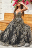 Indlæs billede til gallerivisning A Line Spaghetti Straps Black Golden Long Prom Dress med Bronzing