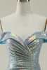 Indlæs billede til gallerivisning Havfrueblå glitrende fra skulderen gallakjole med slids