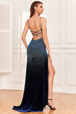 Navy Beading Spaghetti Stropper Gallakjole med slids