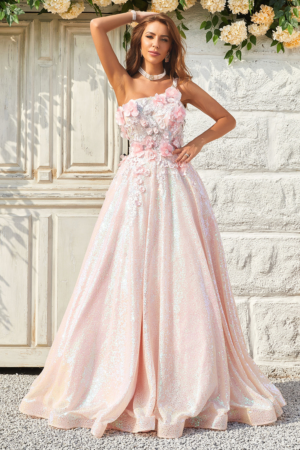 A Line One Shoulder Blush Long Prom Dress med applikationer