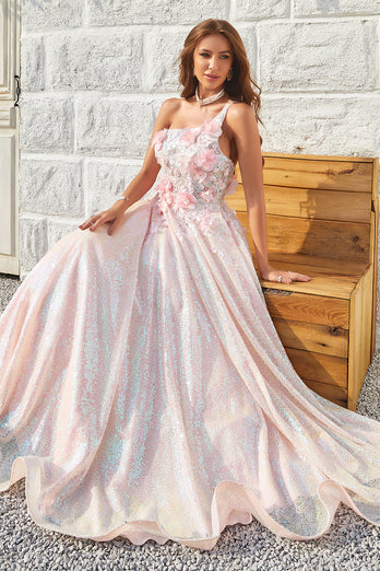 A Line One Shoulder Blush Long Prom Dress med applikationer