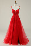 A Line Spaghetti Straps Red Long Prom Dress med applikationer