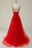 A Line Spaghetti Straps Red Long Prom Dress med applikationer