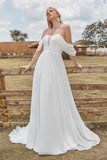 Fra skulderen Ivory Boho Chiffon ruched en linje brudekjole